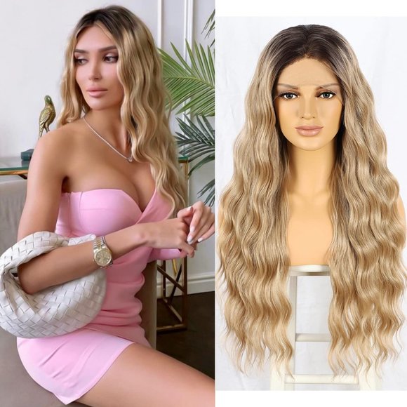 Ombre Lace Front Wig Long Wavy Synthetic Lace Wigs Dark Root 13x3 (Blonde) Ready